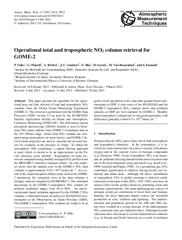 (PDF) Operational total and tropospheric NO2 column retrieval for GOME ...