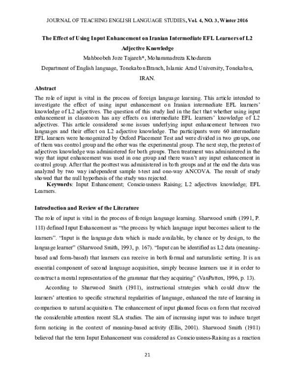 (PDF) The Effect of Using Input Enhancement on Iranian Intermediate EFL ...