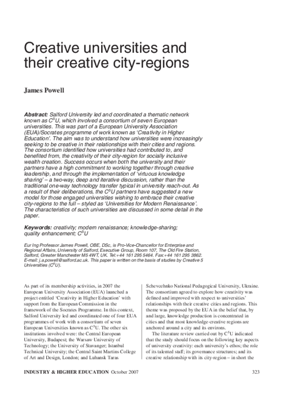 (PDF) Creative universities and their creative city-regions