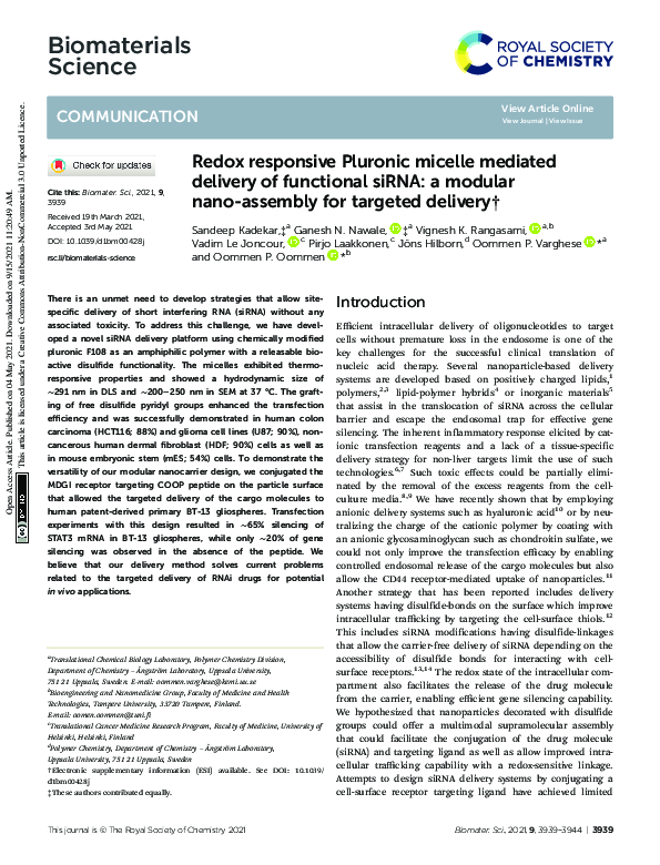 (PDF) Redox responsive Pluronic micelle mediated delivery of functional ...
