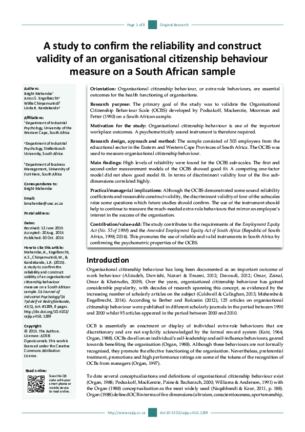 (PDF) A study to confirm the reliability and construct validity of an ...