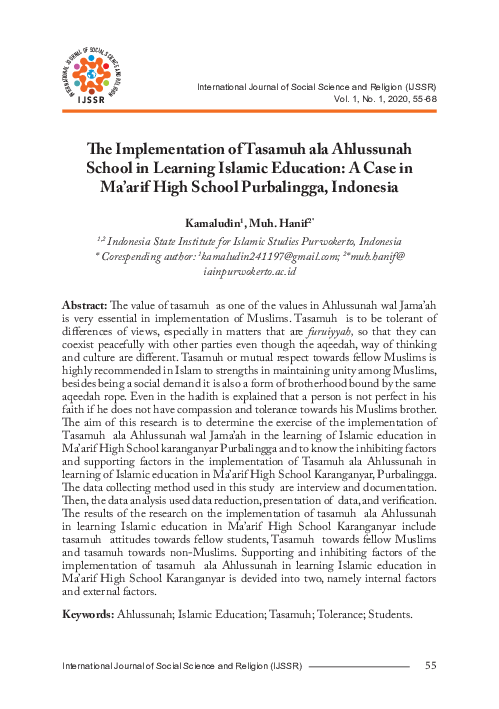 (PDF) The Implementation of Tasamuh ala Ahlussunah School in Learning ...