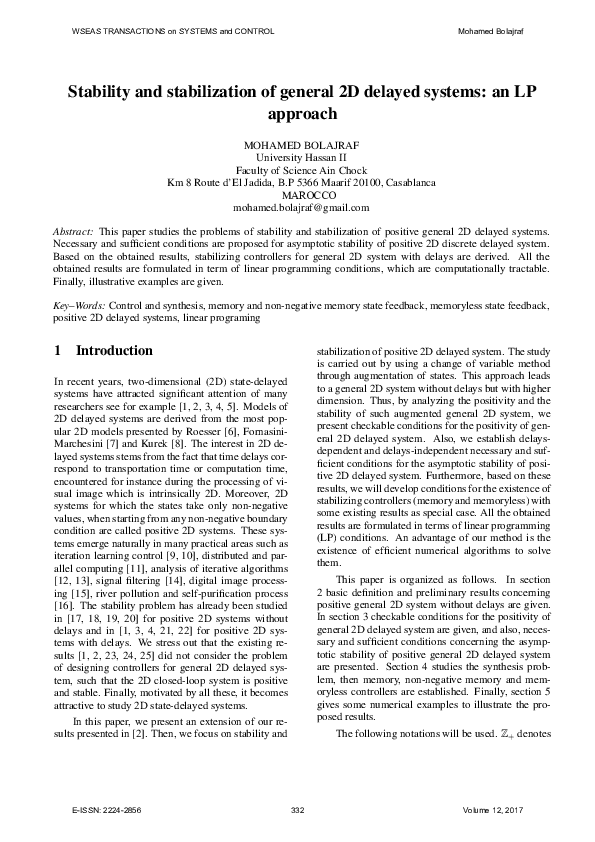 (PDF) Stability and Stabilization of General 2D Delayed Systems: an LP ...
