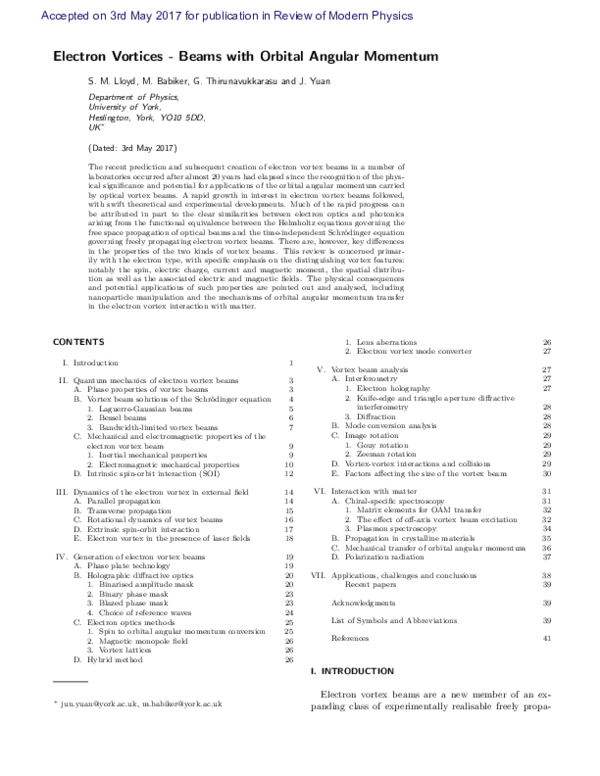 (PDF) Electron vortices: Beams with orbital angular momentum