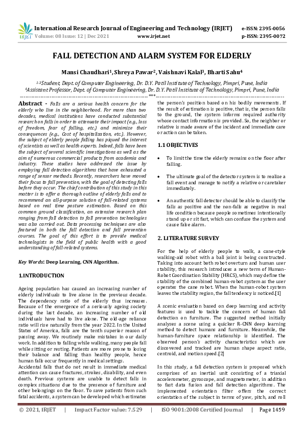 (PDF) IRJET- FALL DETECTION AND ALARM SYSTEM FOR ELDERLY