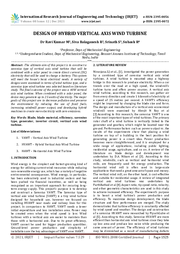 (PDF) IRJET- DESIGN OF HYBRID VERTICAL AXIS WIND TURBINE