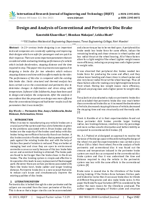 (PDF) IRJET- Design and Analysis of Conventional and Perimetric Disc Brake