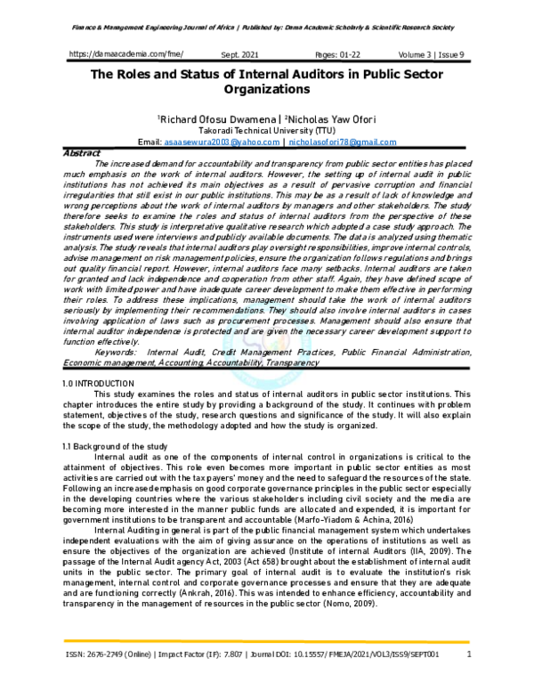 (PDF) The Roles and Status of Internal Auditors in Public Sector ...
