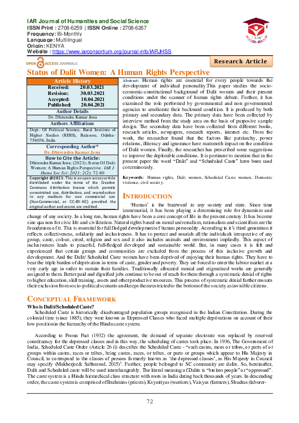 (PDF) Status of Dalit Women: A Human Rights Perspective