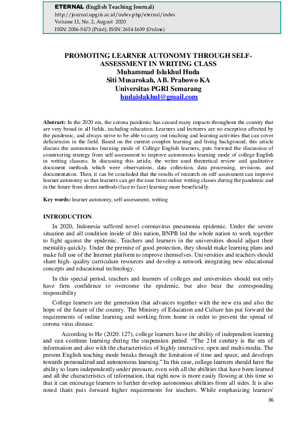 (PDF) Promoting Learner Autonomy Through Self-Assessment in Writing Class