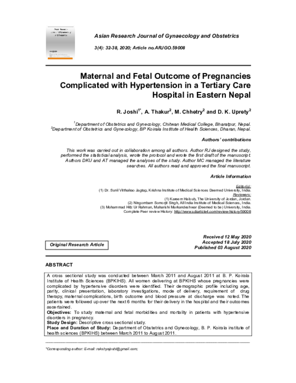 (PDF) Maternal and Fetal Outcome of Pregnancies Complicated with ...