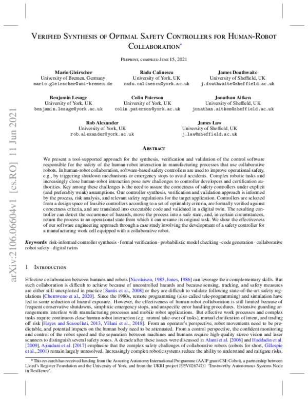 (PDF) Verified Synthesis of Optimal Safety Controllers for Human-Robot ...
