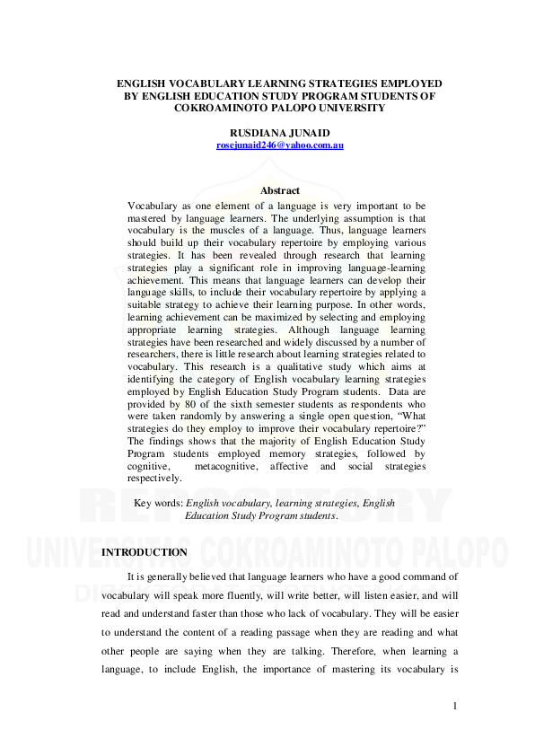 (PDF) English Vocabulary Learning Strategies Employed by English ...