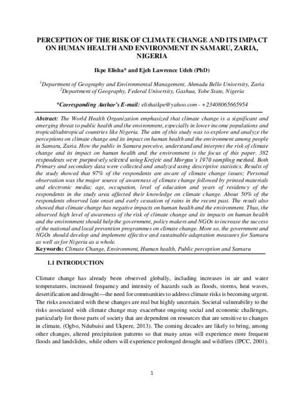 (PDF) PERCEPTION OF THE RISK OF CLIMATE CHANGE AND ITS IMPACT ON HUMAN ...