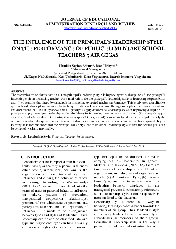 (PDF) The Influence Of The Principal’s Leadership Style On The ...