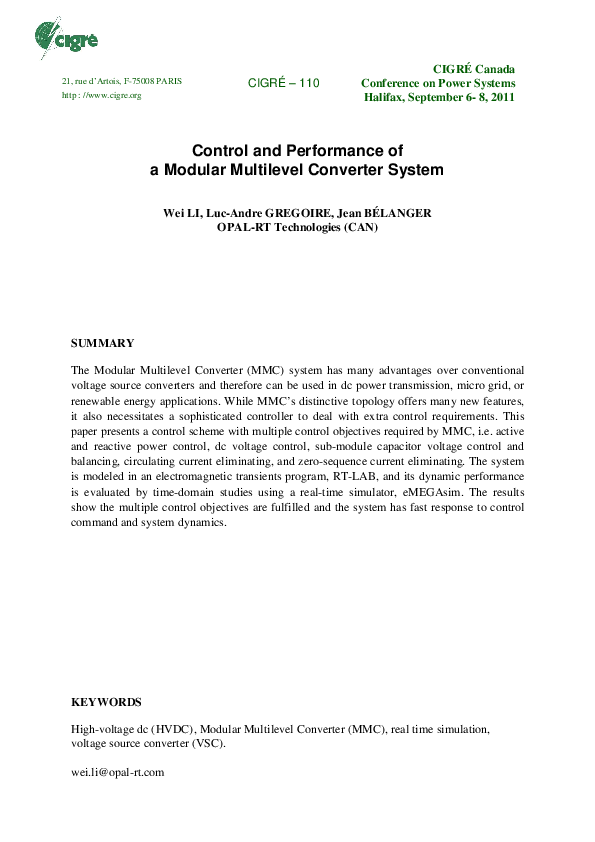 (PDF) Control and Performance of a Modular Multilevel Converter System