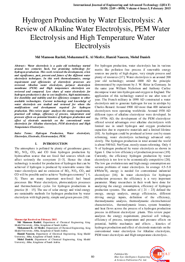 (PDF) Hydrogen Production by Water Electrolysis: A Review of Alkaline ...