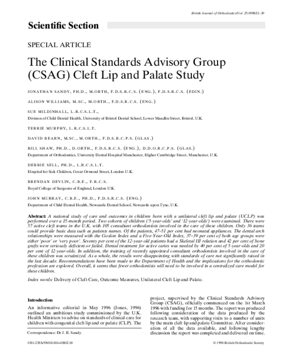 (PDF) The Clinical Standards Advisory Group (CSAG) Cleft Lip and Palate ...