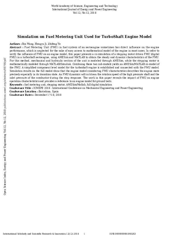 (PDF) Simulation on Fuel Metering Unit Used for Turboshaft Engine Model