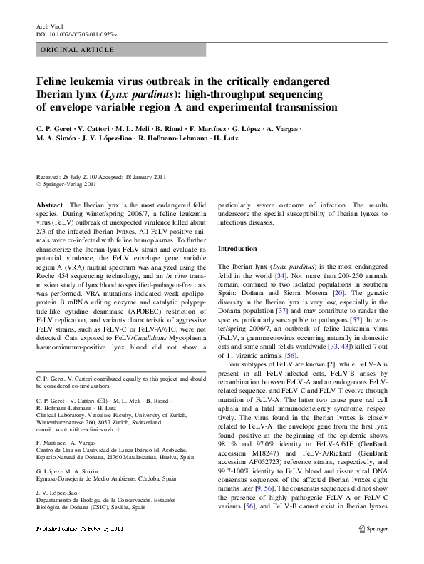 Image showcasing (PDF) Feline leukemia virus outbreak in the critically endangered ...