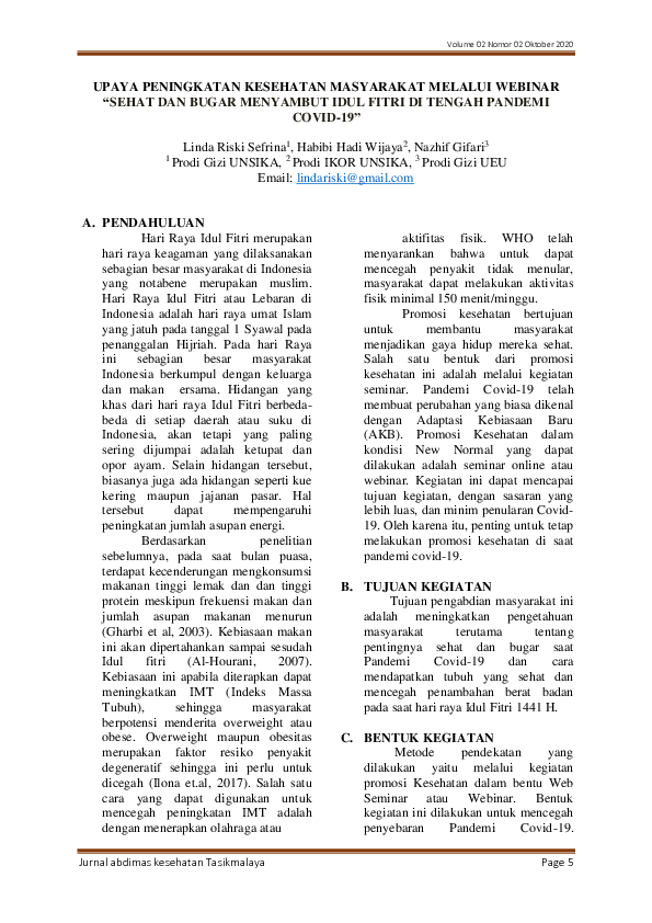 Upaya Peningkatan Kesehatan Masyarakat Melalui Webinar “Sehat Dan Bugar Menyambut Idul Fitri DI Tengah Pandemi COVID-19”