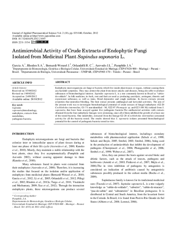 (PDF) Antimicrobial activity of crude extracts of endophytic fungi ...