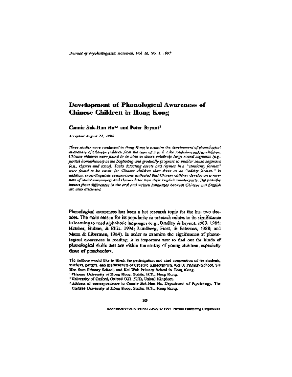 (PDF) Development of phonological awareness of Chinese children in Hong ...