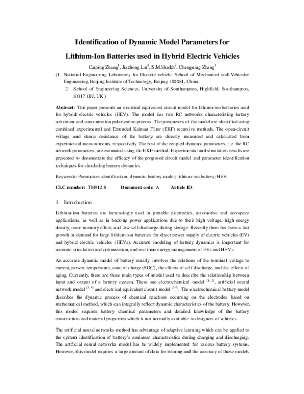 (PDF) Identification of Dynamic Model Parameters for Lithium-Ion ...