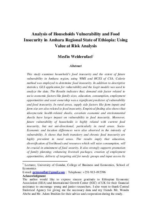 (PDF) Analysis of Households Vulnerability and Food Insecurity in ...