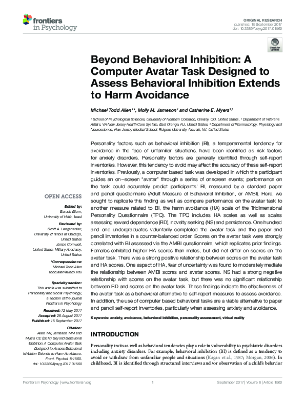(PDF) Beyond Behavioral Inhibition A Computer Avatar Task Designed to