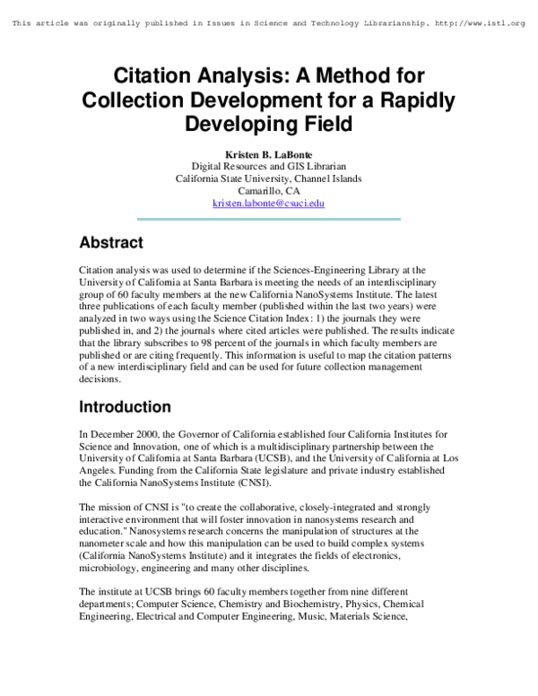 (PDF) Citation Analysis: A Method for Collection Development for a ...