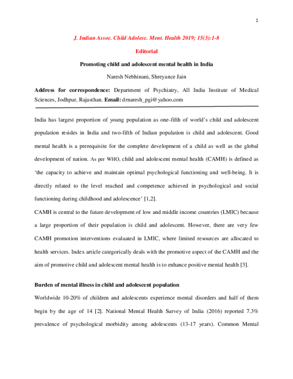 (PDF) Promoting child and adolescent mental health in India