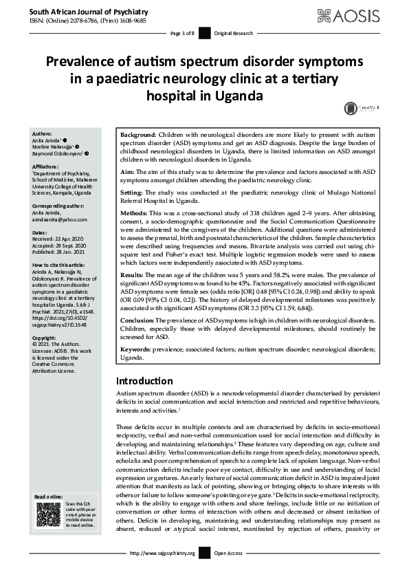 (PDF) Prevalence of autism spectrum disorder symptoms in a paediatric ...