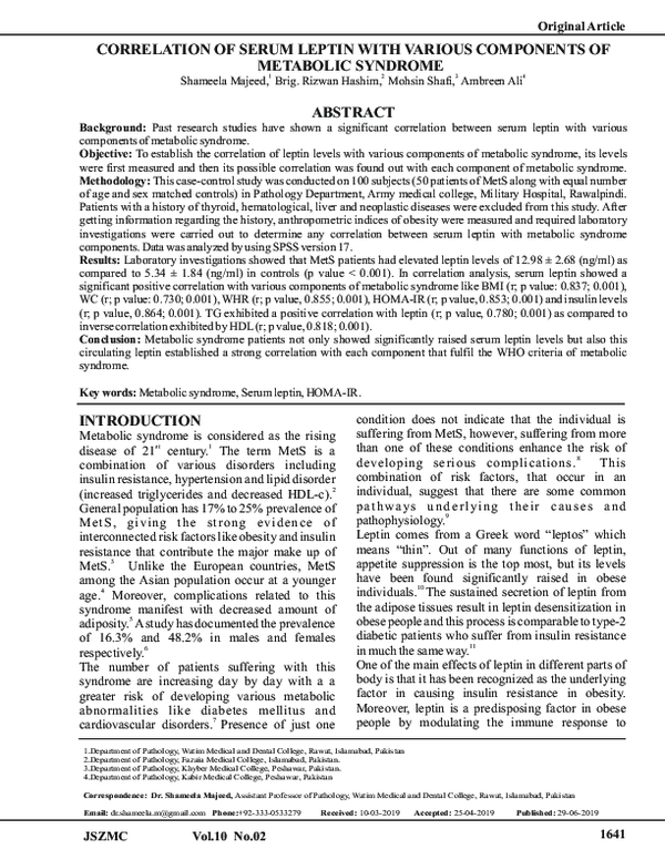 (PDF) Correlation of Serum Leptin with Various Components of Metabolic ...