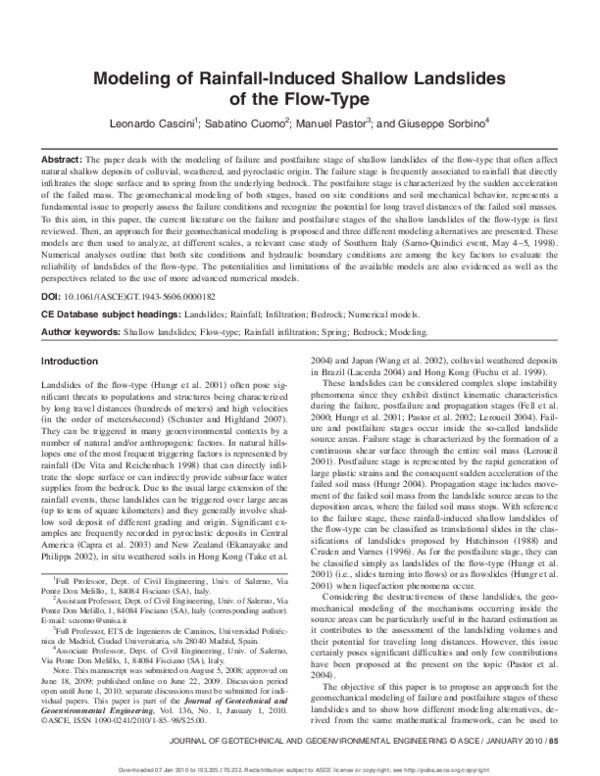 (PDF) Modeling of Rainfall-Induced Shallow Landslides of the Flow-Type
