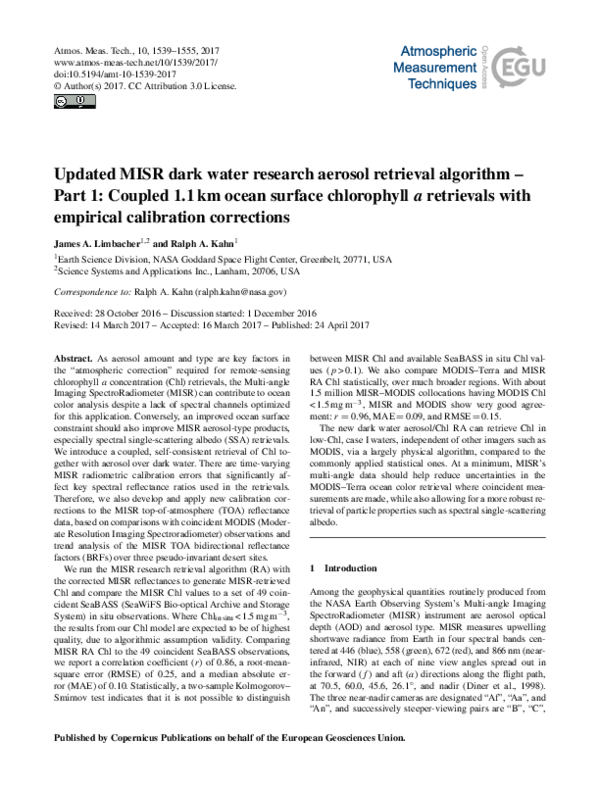 (PDF) Updated MISR dark water research aerosol retrieval algorithm ...