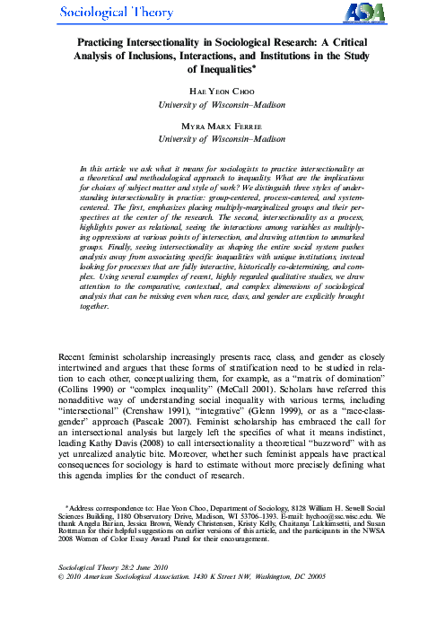 Pdf Practicing Intersectionality In Sociological Research