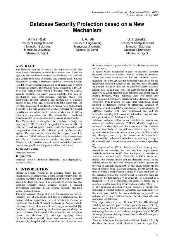 (PDF) Database Security Protection based on a New Mechanism