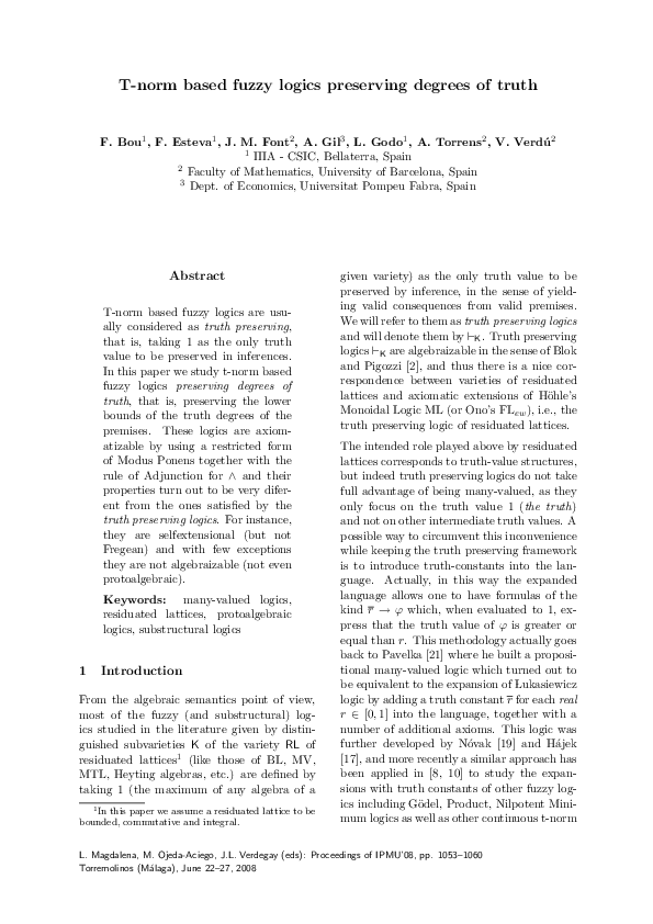 (PDF) T-norm based fuzzy logics preserving degrees of truth