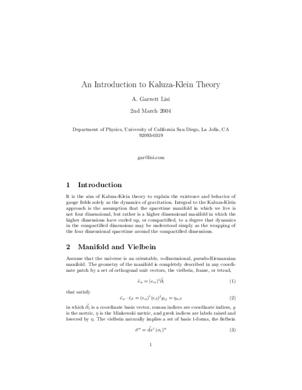 (PDF) An Introduction to KaluzaKlein Theory