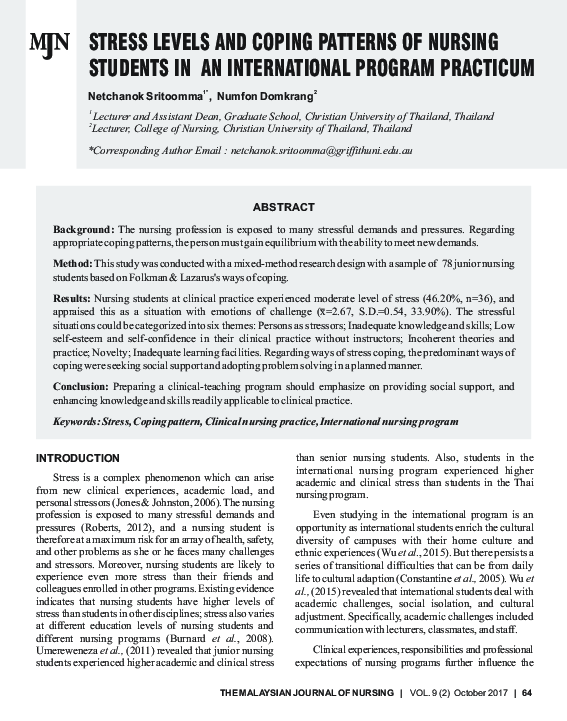 (PDF) Stress Levels and Coping Patterns of Nursing Students in an ...
