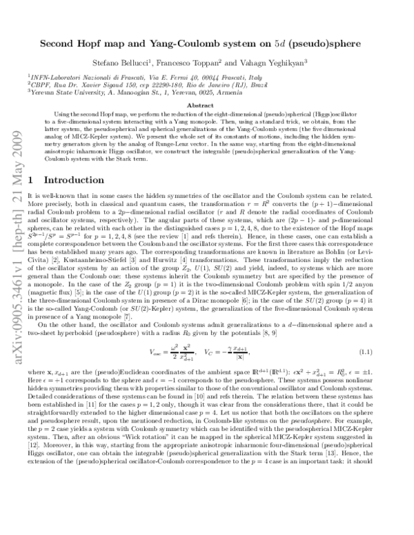 (PDF) The second Hopf map and Yang–Coulomb system on a 5D (pseudo)sphere