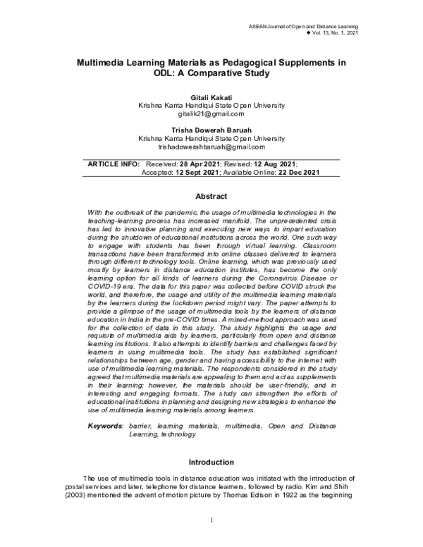 (PDF) Multimedia Learning Materials as Pedagogical Supplements in ODL ...