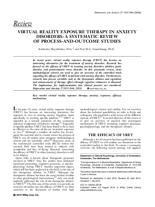 (PDF) Virtual reality exposure therapy in anxiety disorders a