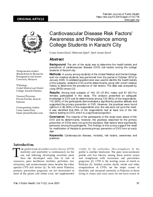 (PDF) Cardiovascular Disease Risk Factors’ Awareness and Prevalence ...