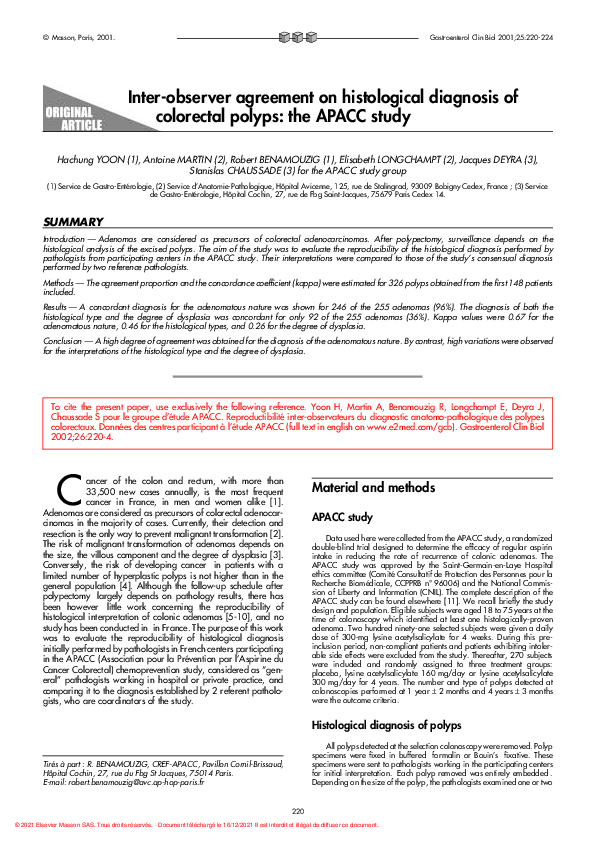 (PDF) [Inter-observer agreement on histological diagnosis of colorectal ...