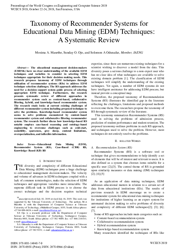 (PDF) Taxonomy of Recommender Systems for Educational Data Mining ( EDM ...