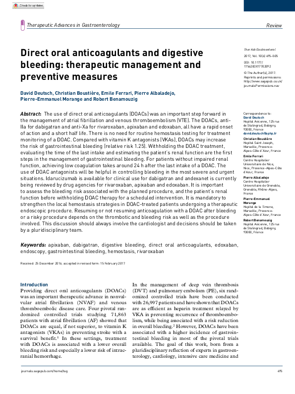 (PDF) Direct oral anticoagulants and digestive bleeding: therapeutic ...