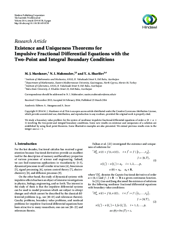 (PDF) Existence and Uniqueness Theorems for Impulsive Fractional ...