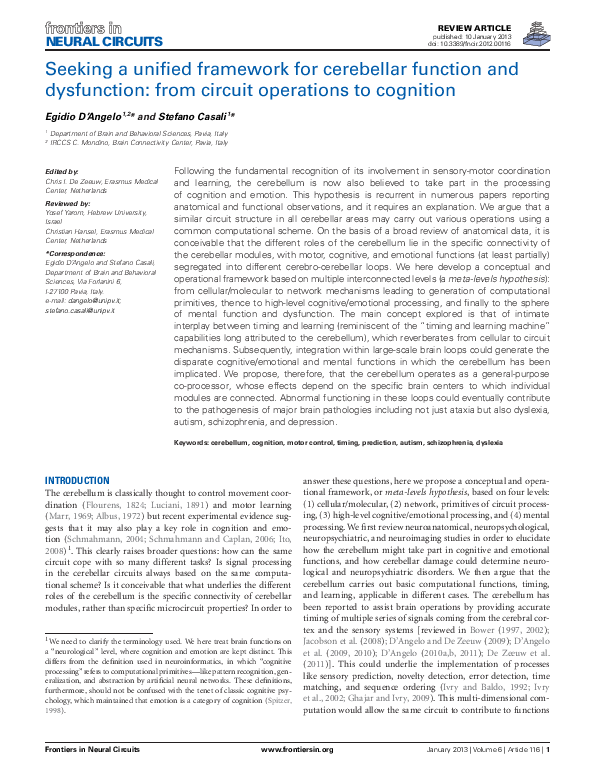 (PDF) Seeking a unified framework for cerebellar function and ...